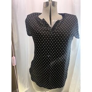 Full Moon Blouse Women Small Maternity Black With Hearts V‎ Neck Short Sleeve.